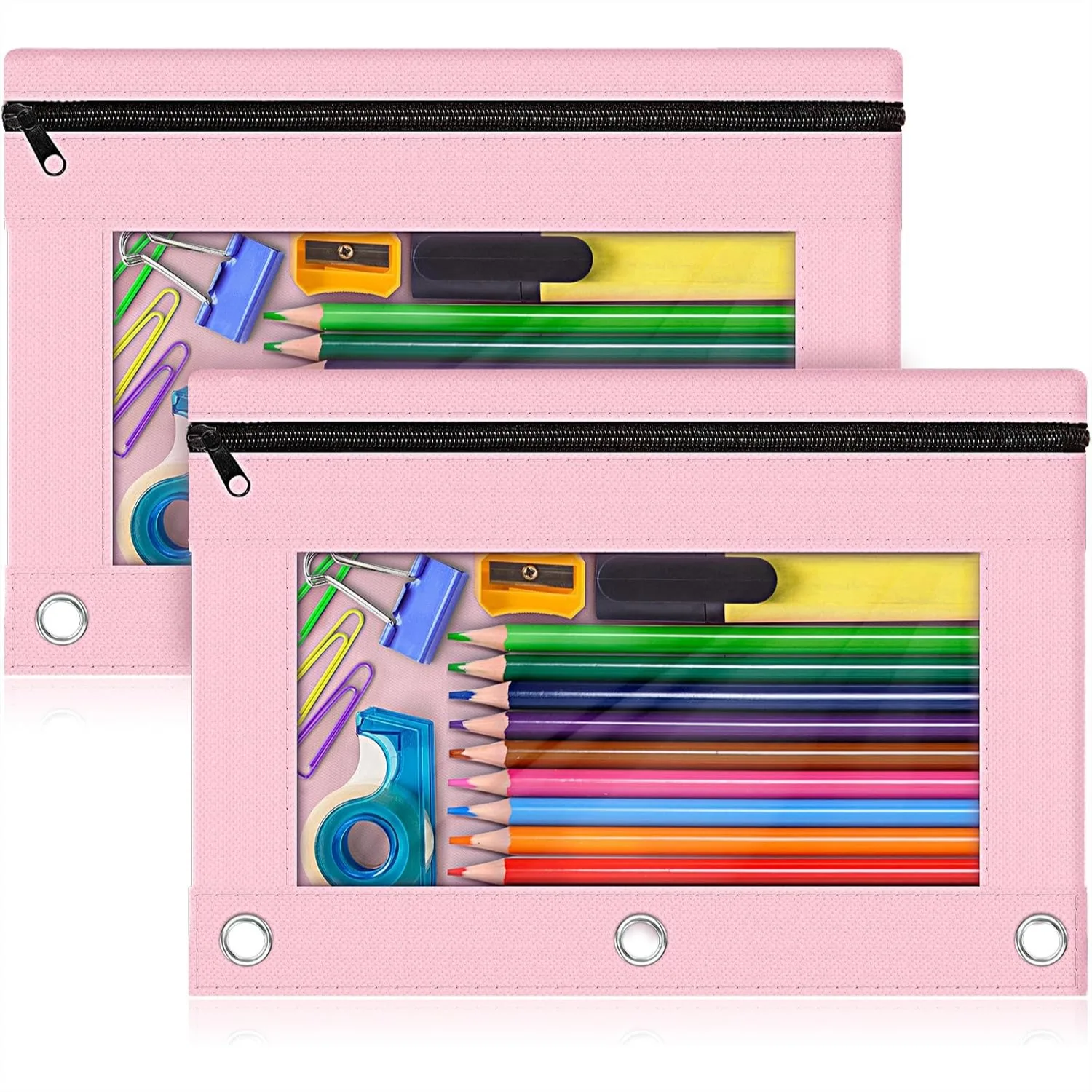 

Pink Pencil Pouch for 3 Ring Binder, 2 Pack Zipper Bags for School Office Supplies, Large Sturdy Cloth Pocket with Clear Window