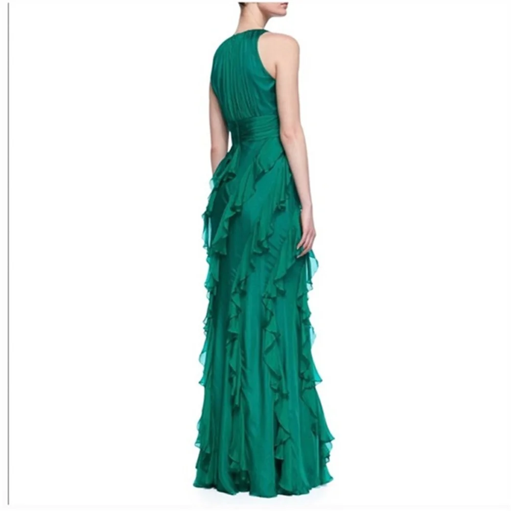 Bella Green Chiffon Prom Dresses O-Neck Edge Curl Mermaid Wedding Dress Customized Sleeveless Floor-Length Vestidos De Fiesta