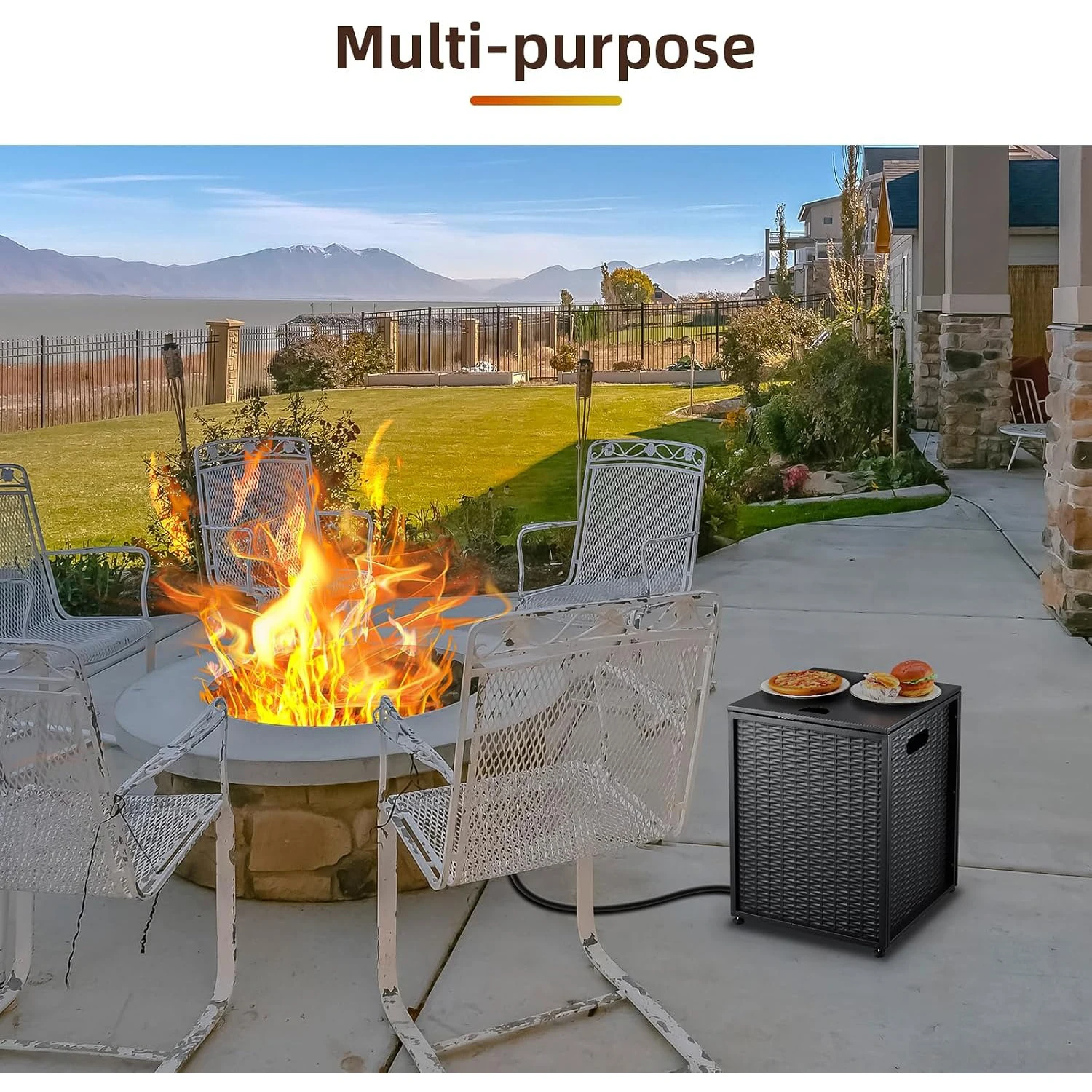 Outdoor Propane Tank Cover Side Table for Standard 20 Lb Tank Black Faux Rattan Steel Hideaway Cabinet with Top Access Side Handles and 4 Adjustable Feet for Patio Deck Fire Pit and Grill Areas view 7