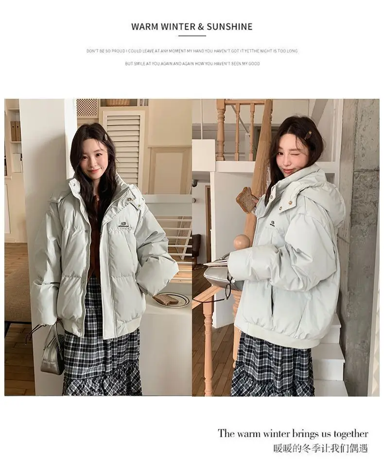 Korean Style Thickened Puffer Jacket for Women Loose Fit Warm Padded Coat Students Winter Solid Color All Match Hooded Parkas