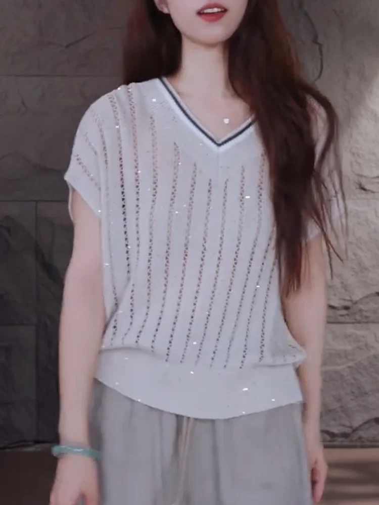 

Корейский вязаный ажурный топ с V-образным вырезом, больших размеров, модный, стройнящий, летний, новинка, женская нижняя одежда