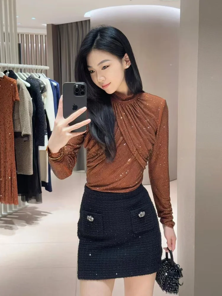 

Ele Fitted irt Women's Faion Design Ruffle Diamond Embellied Me Top Commute Sle Polyester Spandex Blend