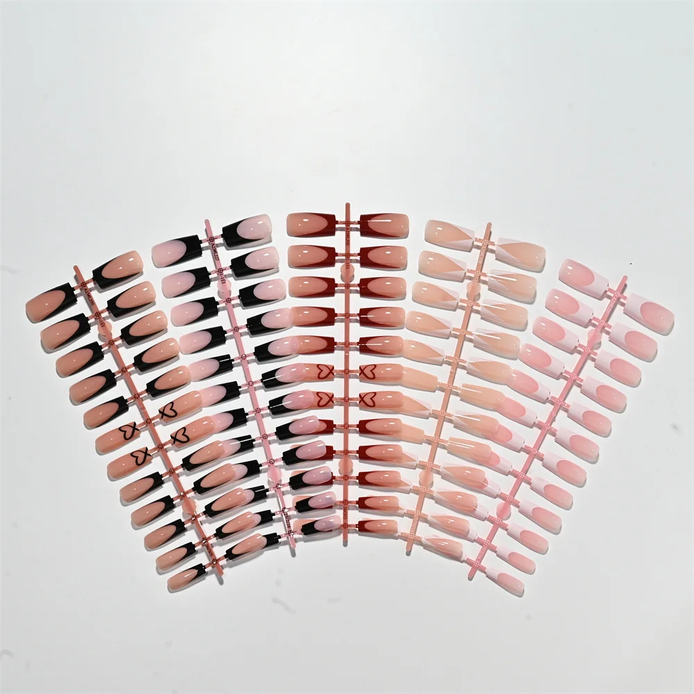 120Pcs Medium Square French Press On Nails Black Red Line Heart Fake Nails Tips Chic Minimalist Style Reusable False Fingertips - view 5