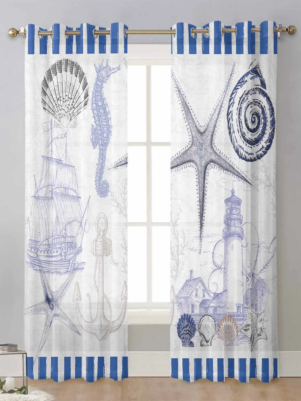 Marine Stripes Ocean Shells Starfish Lighthouse Anchor Sheer Curtains Living Room Window Voile Tulle Curtain Drapes Home Decor