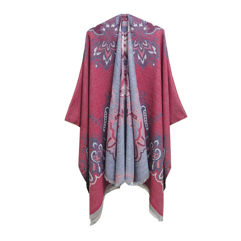 Spring Autumn Flower Jacquard Ethnic Style Tourism Split Tassel Shawl Women  Air Conditioner Poncho Lady Capes Pink Cloaks