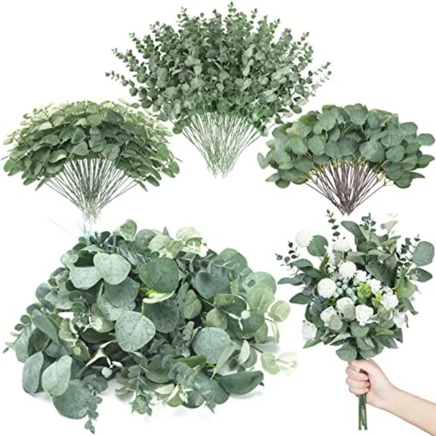 

Wedding vase bouquet floral arrangement: faux eucalyptus stems, green, mixed silver dollar leaves, 270 pcs bulk dried-style art
