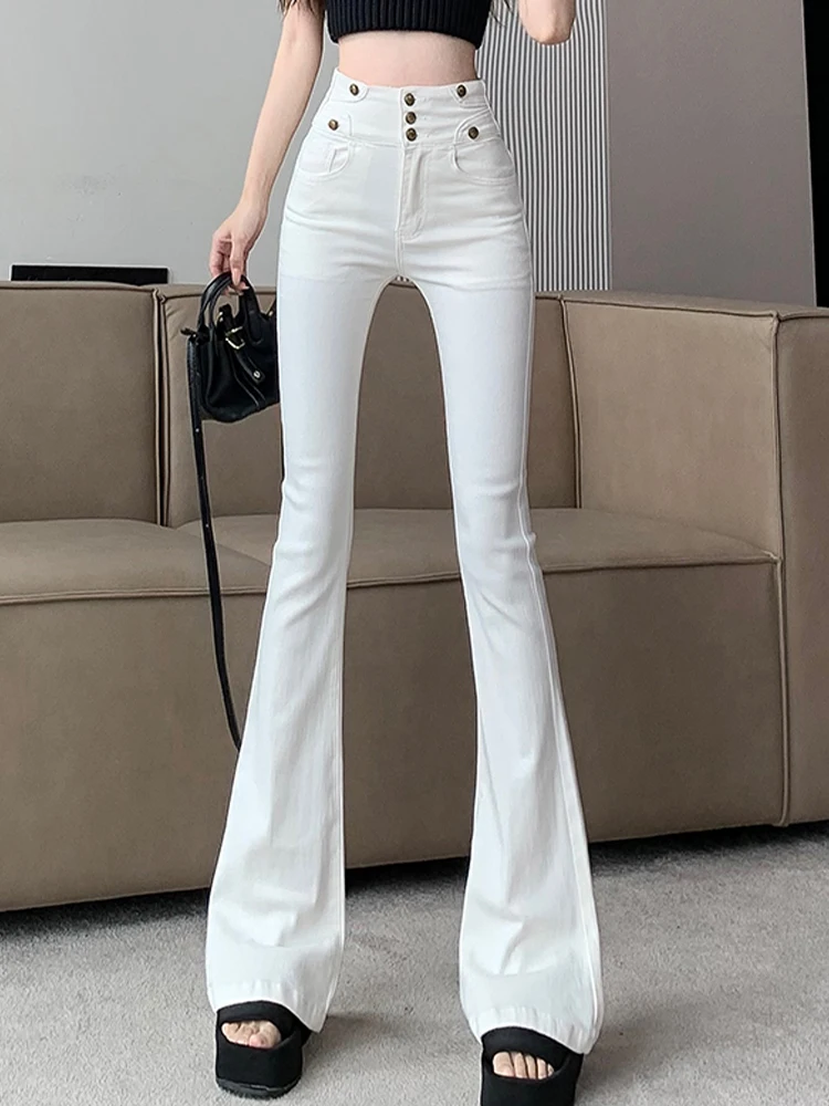 Casual Three Breasted High Waisted Elastic Denim Slim Fit Flared Pants 2024 Autumn New Korean Fashion Women'S Clothing