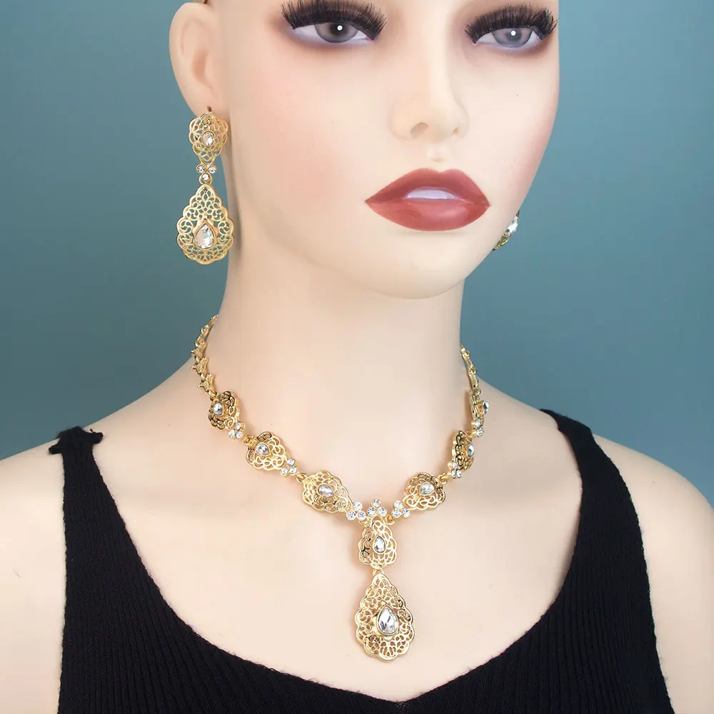 Poyasa Gold Color Moroccan Bridal Jewelry Sets Choker Necklace Drop Earring For Women Crystal Arabic Wedding Bijoux