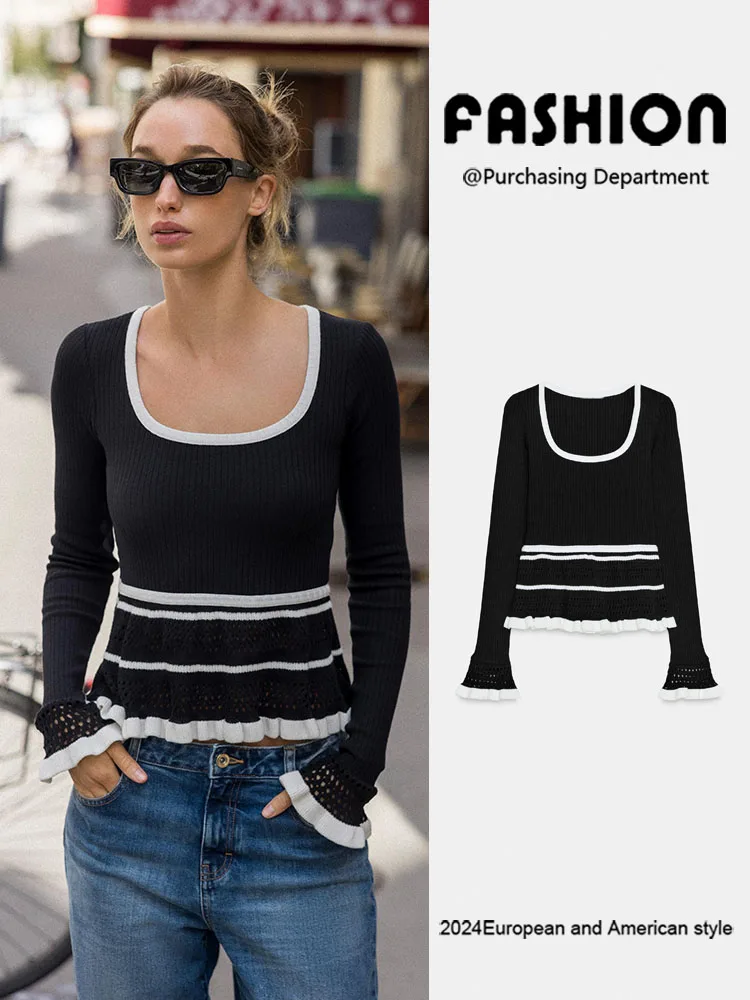 

Winter 2025 Women's Faionable Knitted Long Sve T-irt Casual Patchwork U-Ne Top European Sle V-Neline Full Sve