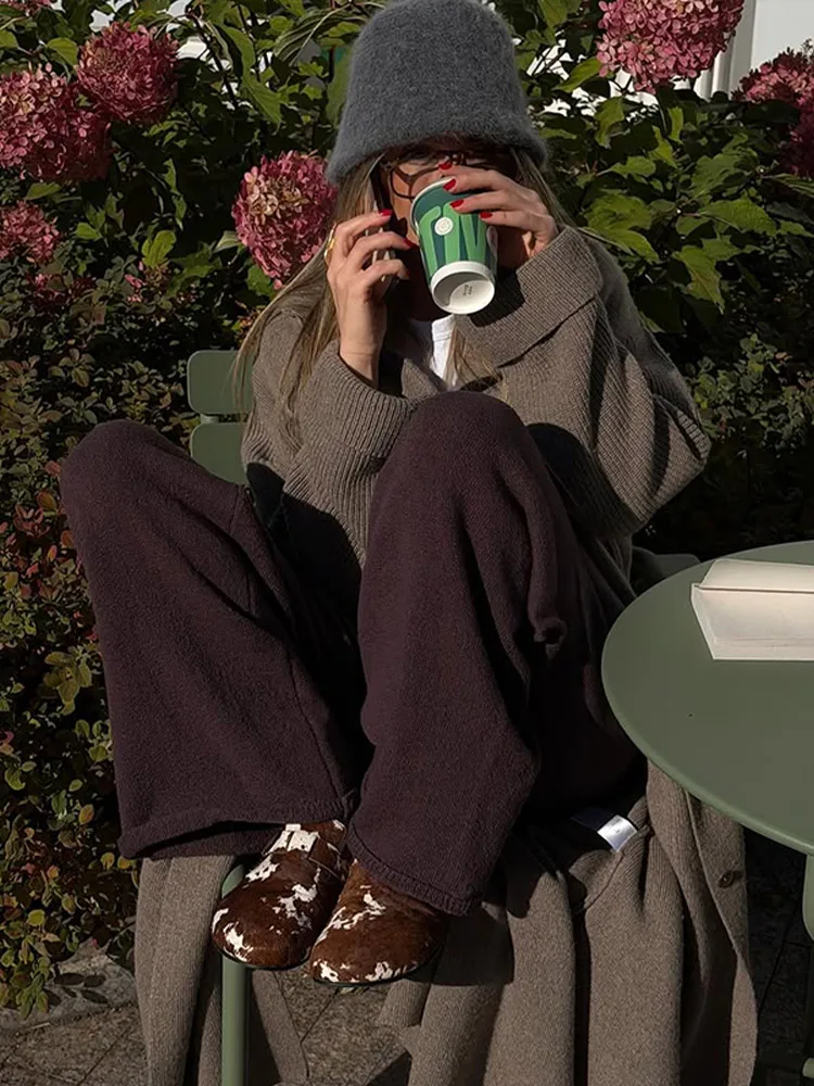 

Шикарный коричневый длинный вязаный кардиган, женский шикарный однобортный свободный свитер с лацканами, женские повседневные уличные кардиганы, новинка