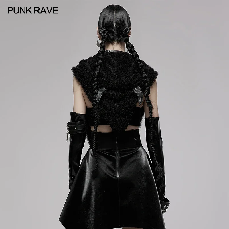 PUNK RAVE Women\'s Gothic Pointed Wizard Hat Bat Wings Hooded Capelet Warm Coral Velvet Black Novelty Cute Accessories