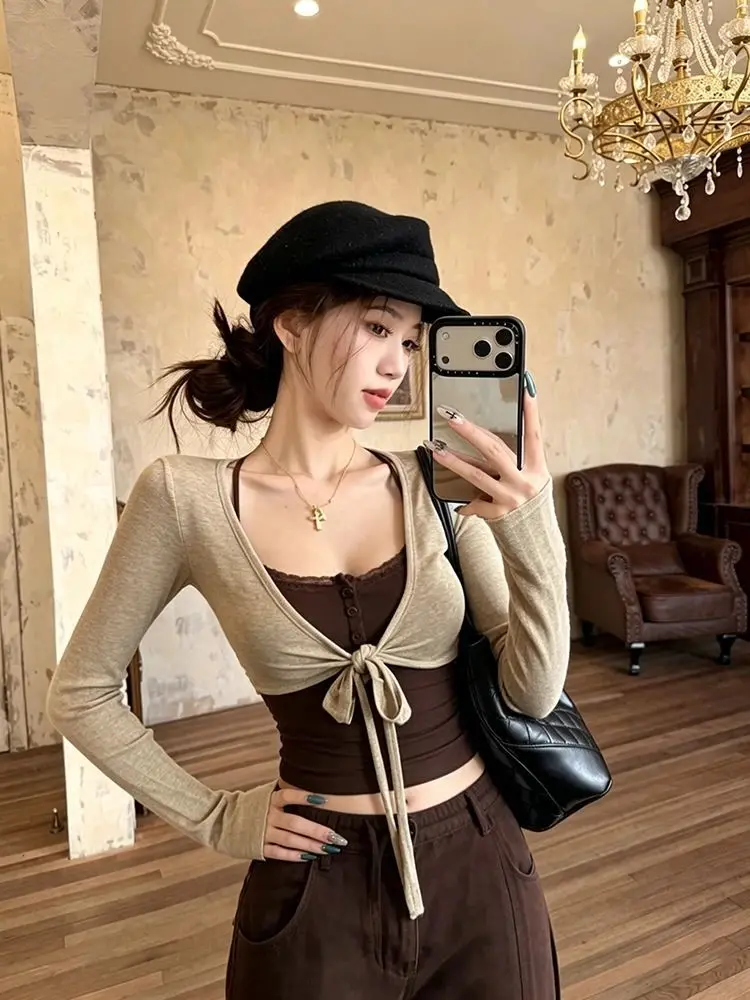 plus Size Spicy Girl Retro Style Belted Long Sleeve Sun Protection Open Cardigan Coat Women Summer Slimming Camisole Set