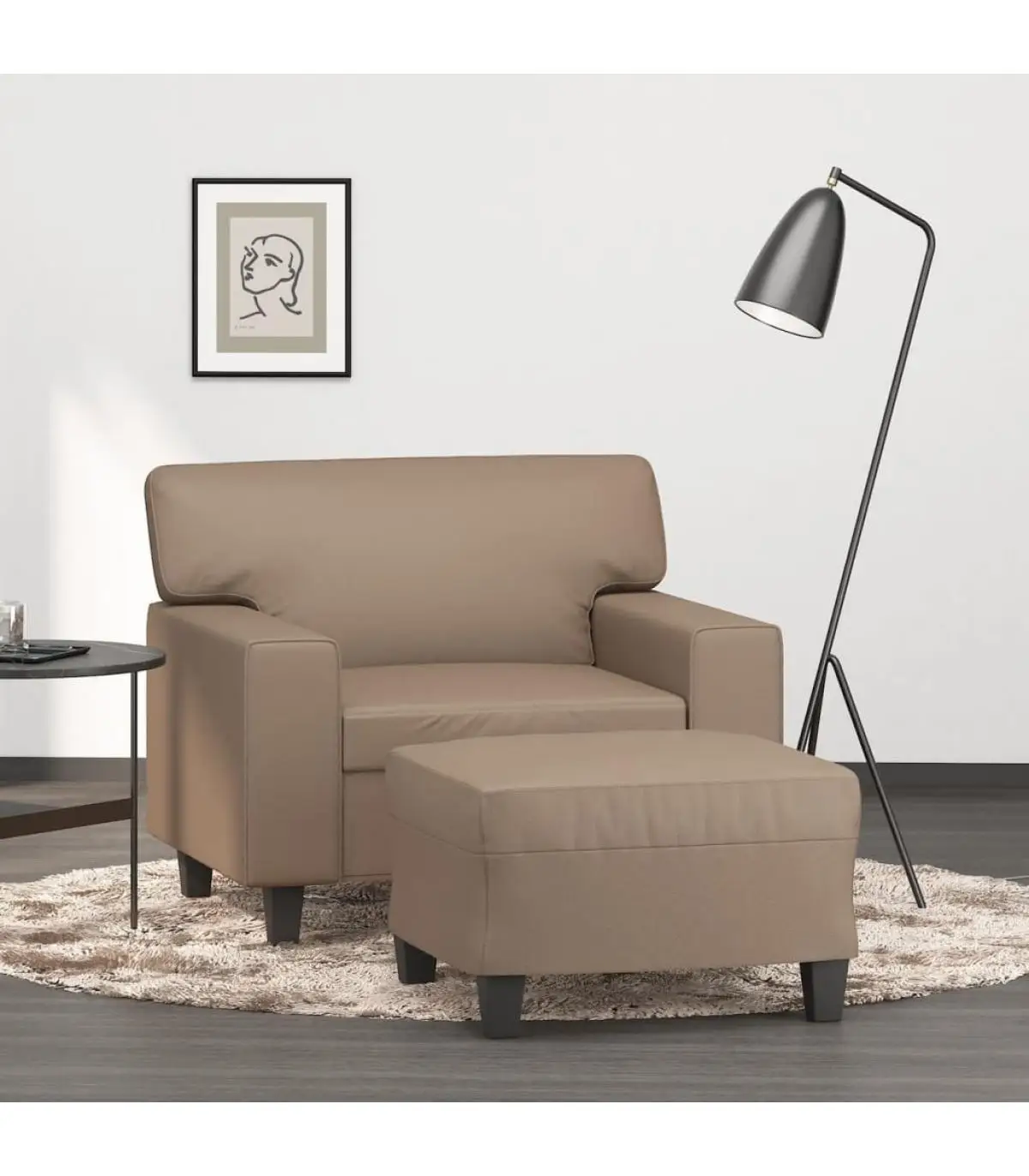 Sofa armchair with stool synthetic leather color cappuccino 60 cm