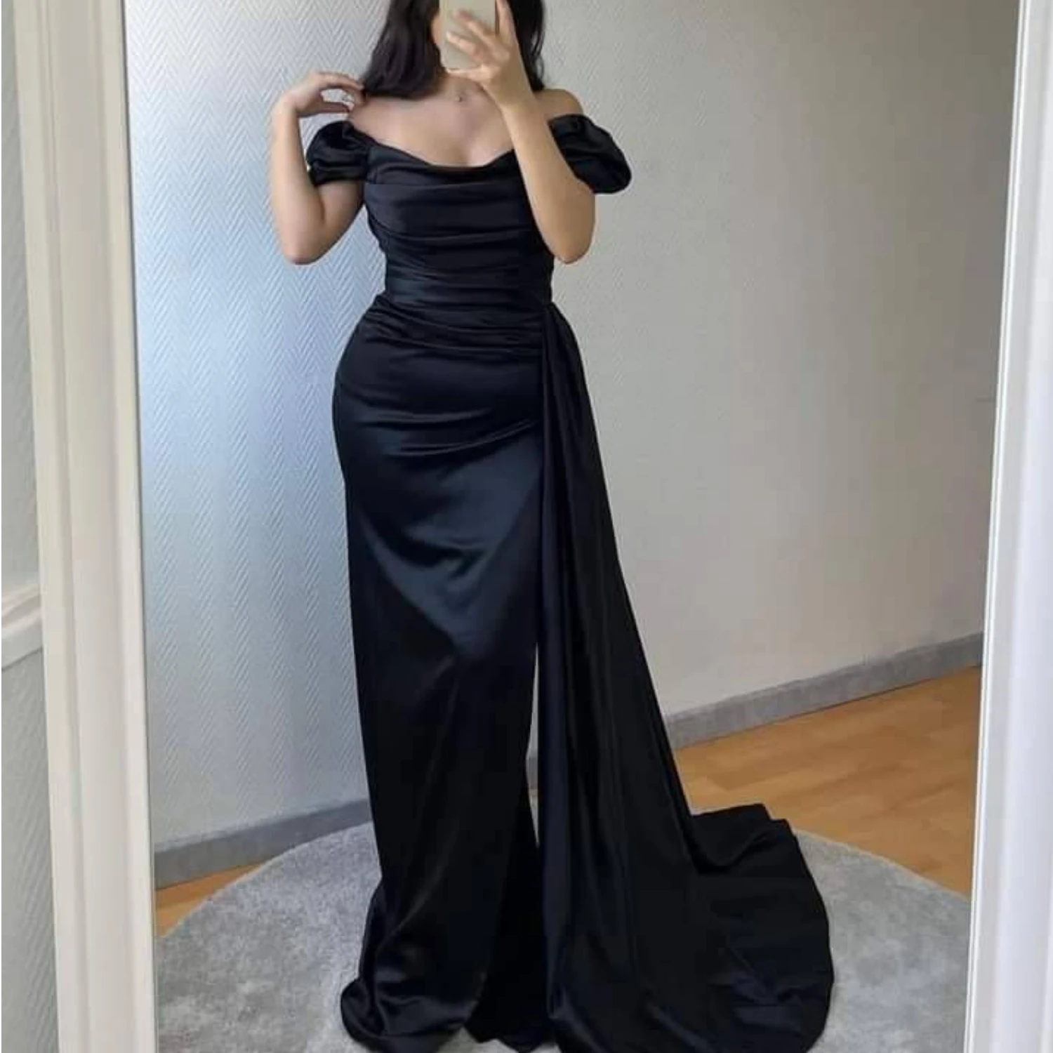 Elegant Sheath/Column Elastic Woven Satin Ruched Off-the-Shoulder Sleeveless Floor Length Backless Sweep/Brush Train Dresses