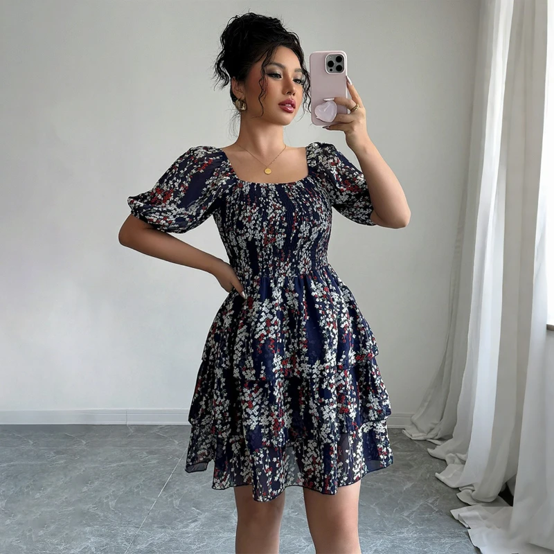 

Floral Print Dresses Women Square Collar Gown Short Sleeve Mini Dress High Waist Casual Slim Streetwear Club Summer Vestidos