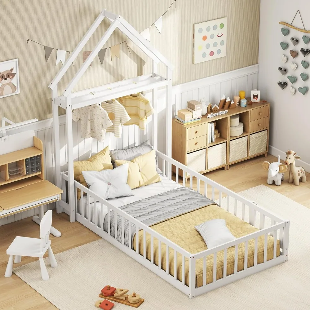 

KOMFOTT Twin Size Floor Bed with House-Shaped Headboard, Kids Montessori Floor Bed with Detachable Clothes Hanger, Full Length S