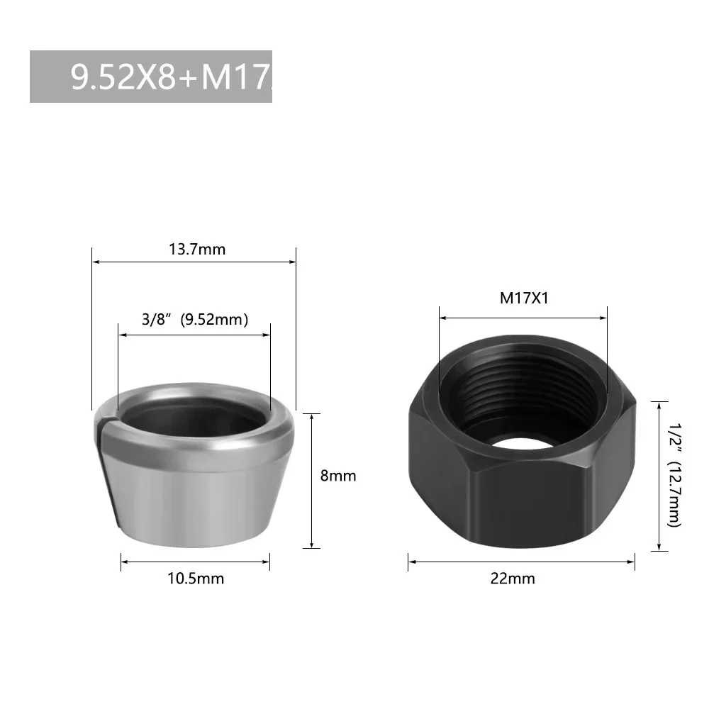 1 Set M17 Collet Chuck Adapter Nut 6mm 6.35 8/9.5/10mm Wood Engraving Trimming Machine Electric Router Milling Cutter Parts