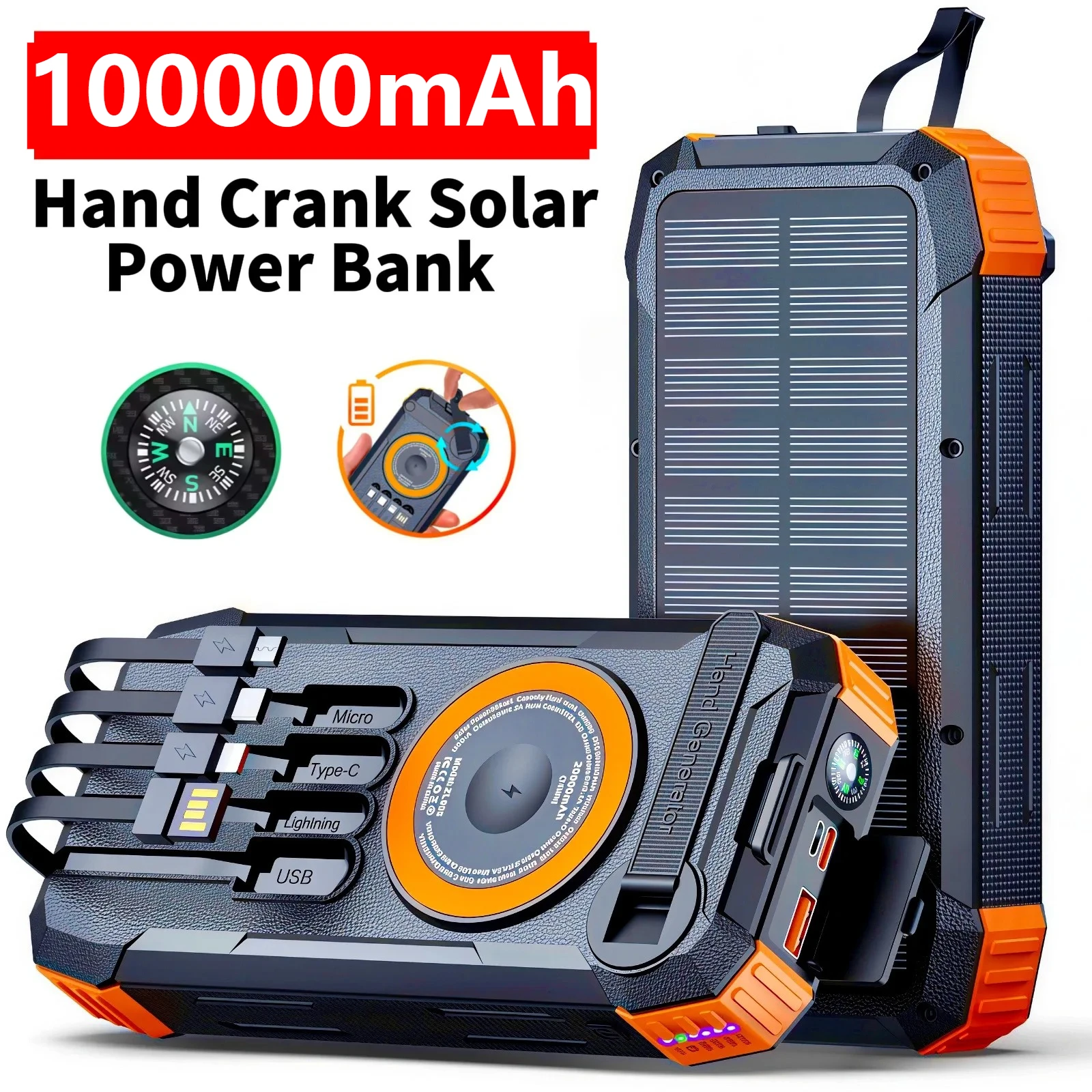 

Solar Power Bank High Capacity, Wireless Charger with 4 Built-in Cables, Hand Crank Generator, LED Light for Outdoor Emergency