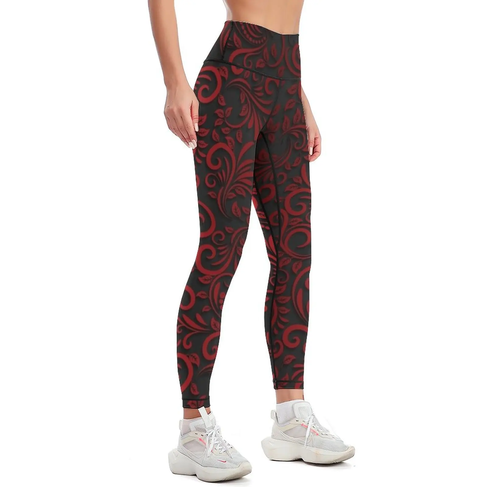 Seamless Pattern With Shadow, Red And Black Progressive Colouring Floral Ornamental Leggings sportswear gym Womens Leggings