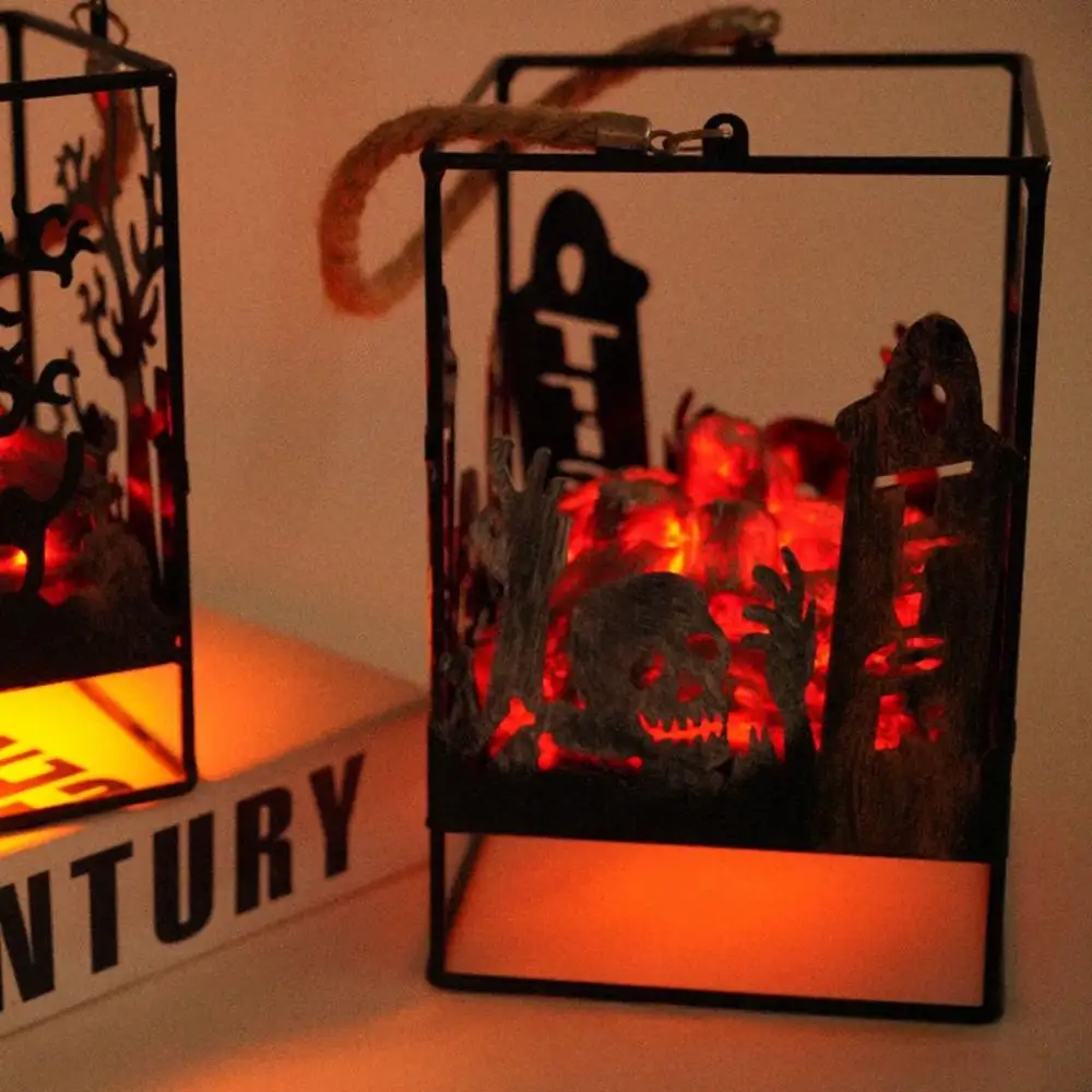 Charcoal Style Halloween Theme Metal Cage Table Ornaments Halloween Decor LED Light Charcoal Flame Lamp Halloween Scene Props