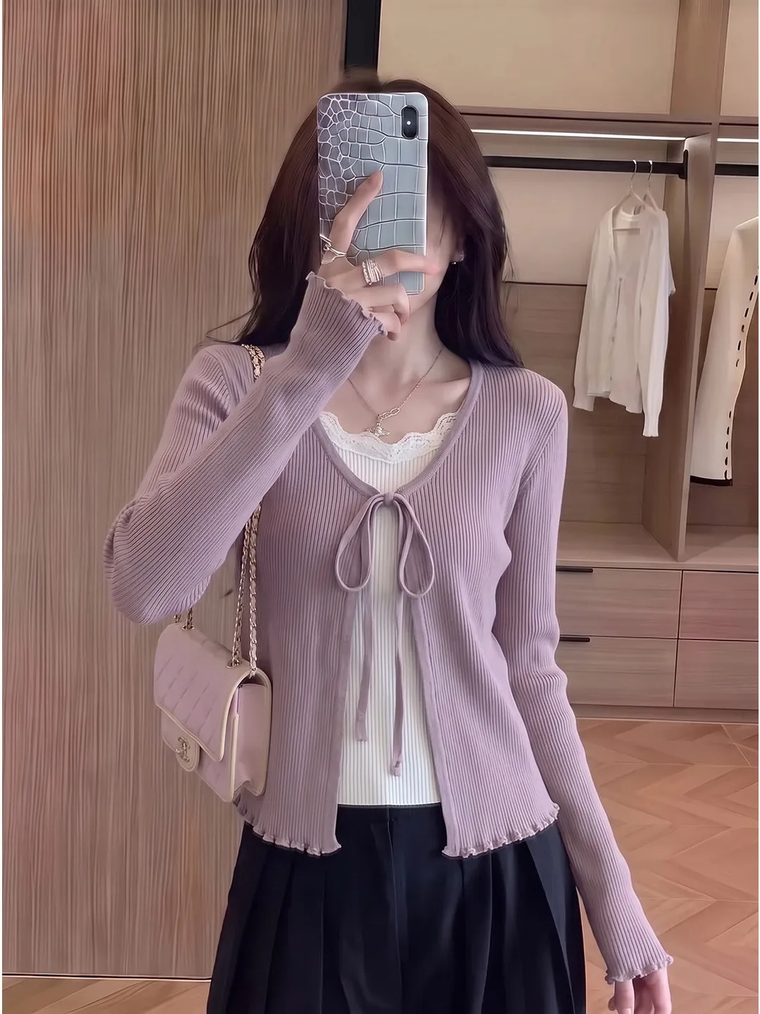 Korean Style Belted Design Long Sleeve Knitted Top Women's Autumn Slimming Beautiful Fake Two-Piece Wood Grain  Casual Fa...