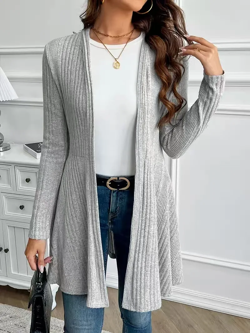 Schwarzer gerippter Strick-Cardigan für Damen, vorne offen, langärmlig, A-Linie, mittellang, lässige, lockere Oberbekleidung für Frühling und Herbst – Detail 8