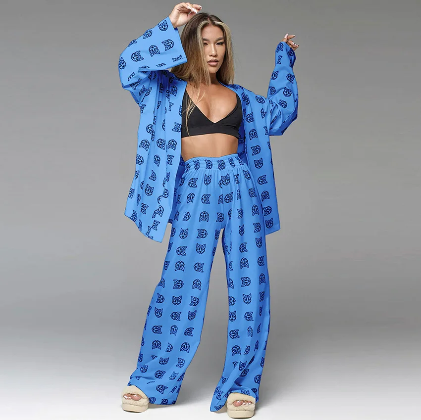 Europe And America New Printed Imitation Silk Loose Women's Pajamas Sets Stylish Casual Soft Breathable Cotton Home Sleepwear
