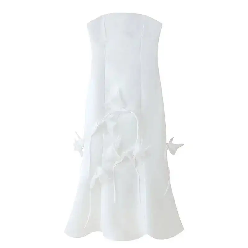 فساتين أنيقة مزخرفة بالزهور طويلة للنساء مثيرة بدون حمالات بدون أكمام بقصة ضيقة للحفلات فستان أبيض عالي الخصر #1