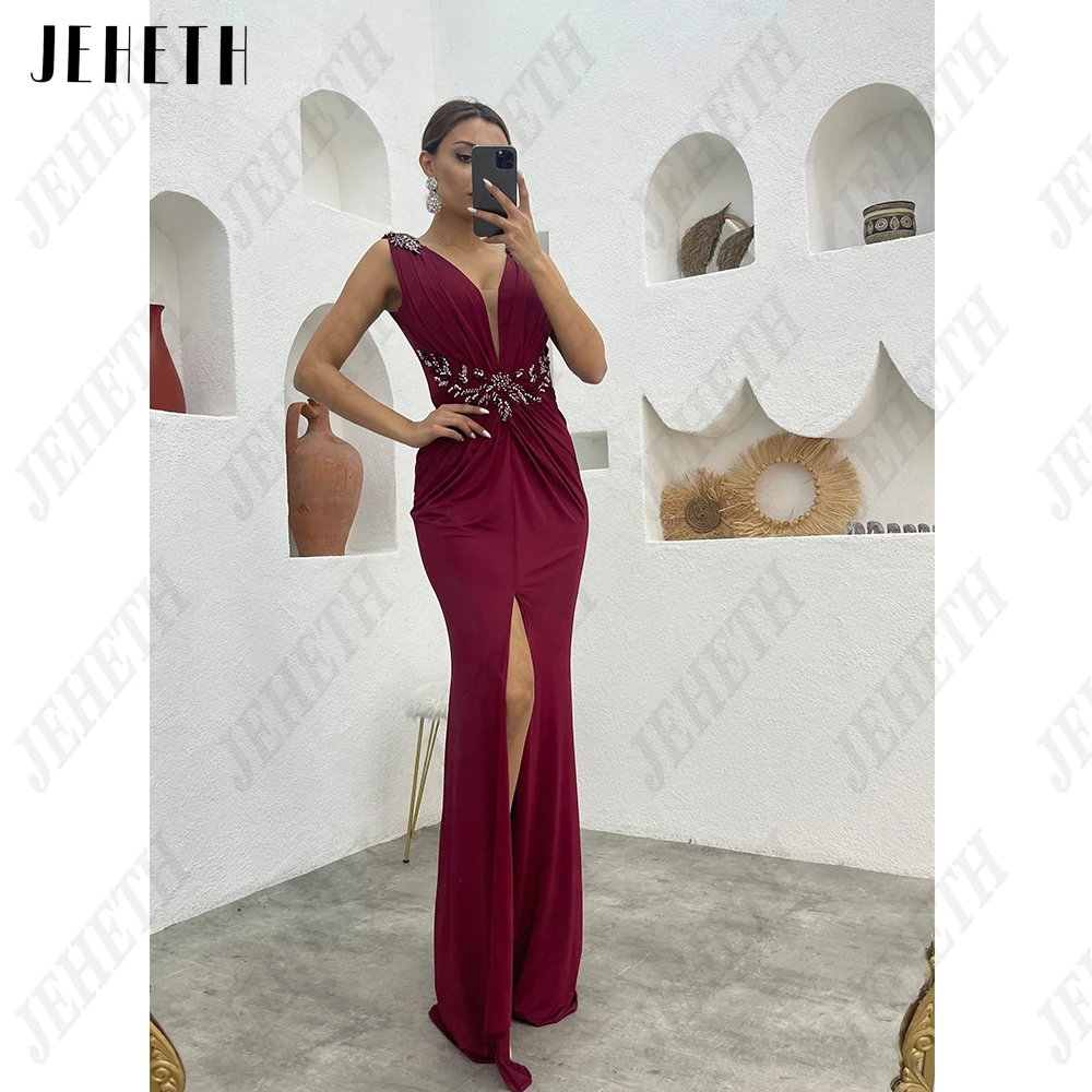 Vestido de noche moderno de la Sra. jeheth con cuello V sin mangasJEHETH-Vestidos De Noche modernos para mujer, cuello en V sin mangas, Vestido De graduación dividido frontal, Apliques De encaje Sexy, Vestido De sirena