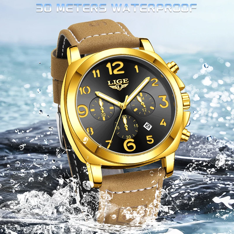 LIGE Outdoor Sports Watches For Men Fashion Business Leather Men's Quartz Wristwatches Waterproof Luminous Big Dial Watch Men