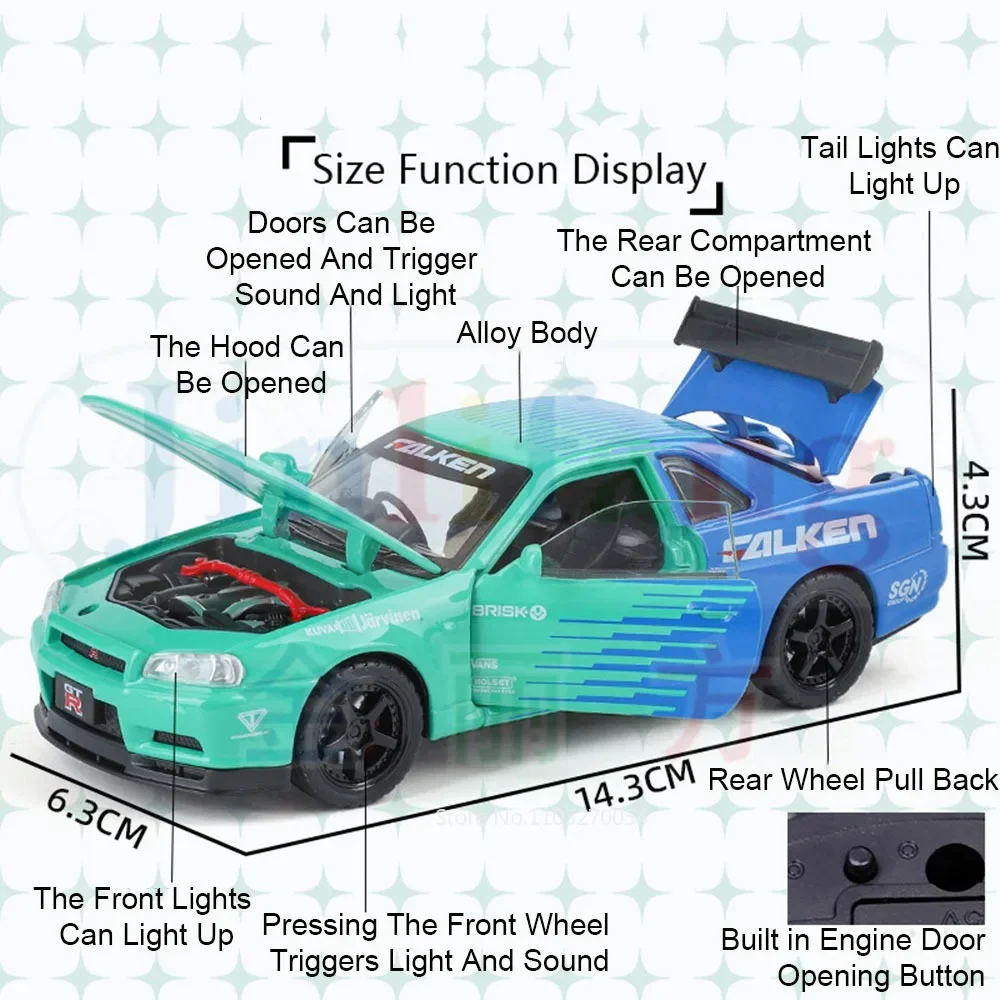 Jouets de voiture en alliage moulé sous pression GTR Skyline R34, échelle 1:32, modèle d'ornement, portes ouvertes, son et lumière, véhicules rétractables, cadeau pour enfants et amis