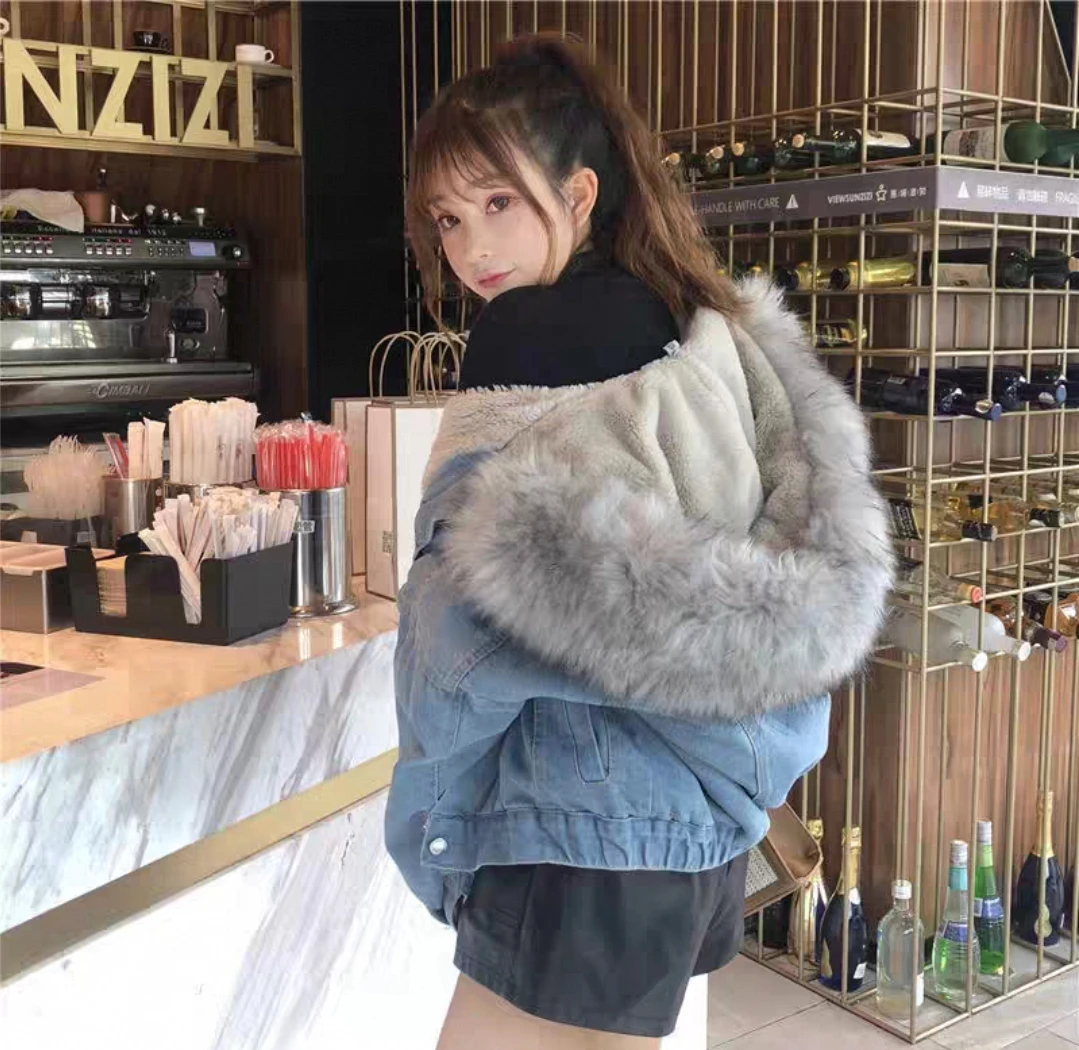 

Джинсовое пальто хорошего качества, меховые плюшевые женские зимние толстые реглан с мешковатой подкладкой, гранж-фестиваль, прогулочные куртки с капюшоном на флисовой подкладке