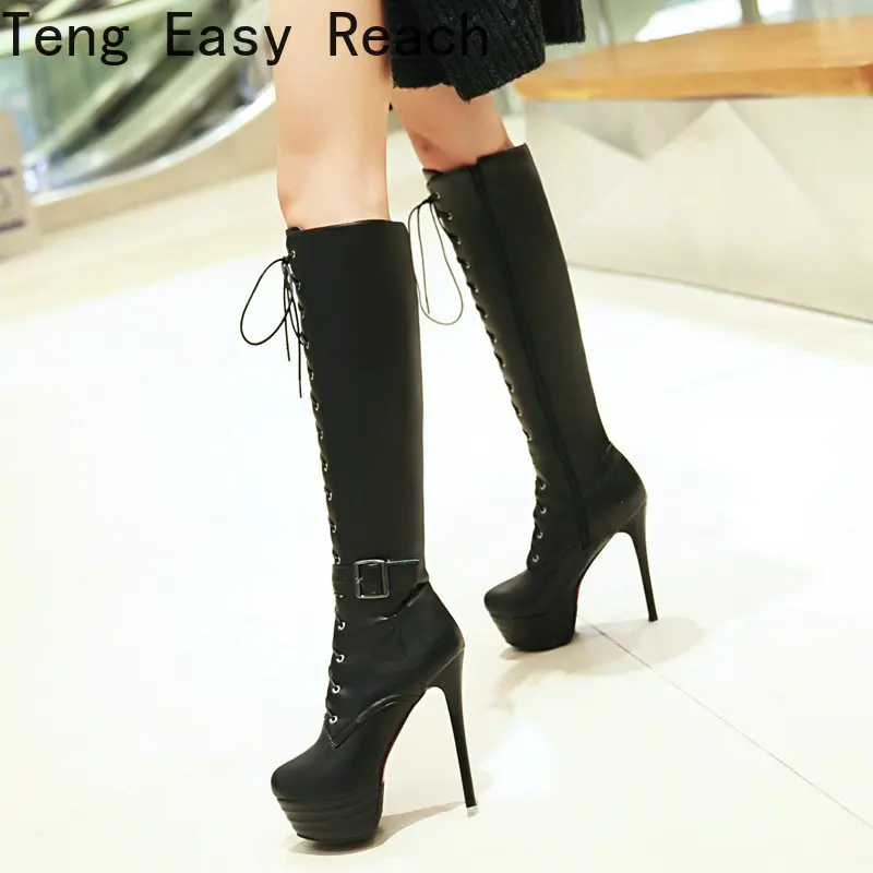 2024 Fashion Knee High Boots Platform Women Boots Sexy Super High Heel Long Boots Buckle Zipper Autumn Winter Plush Woman Shoes