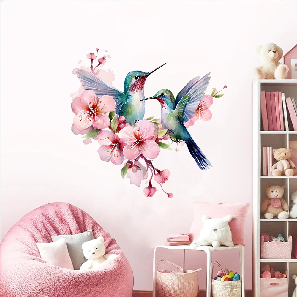 Flower Wall Panel - Watercolor Flower Hummingbird Wall Stickers Decals