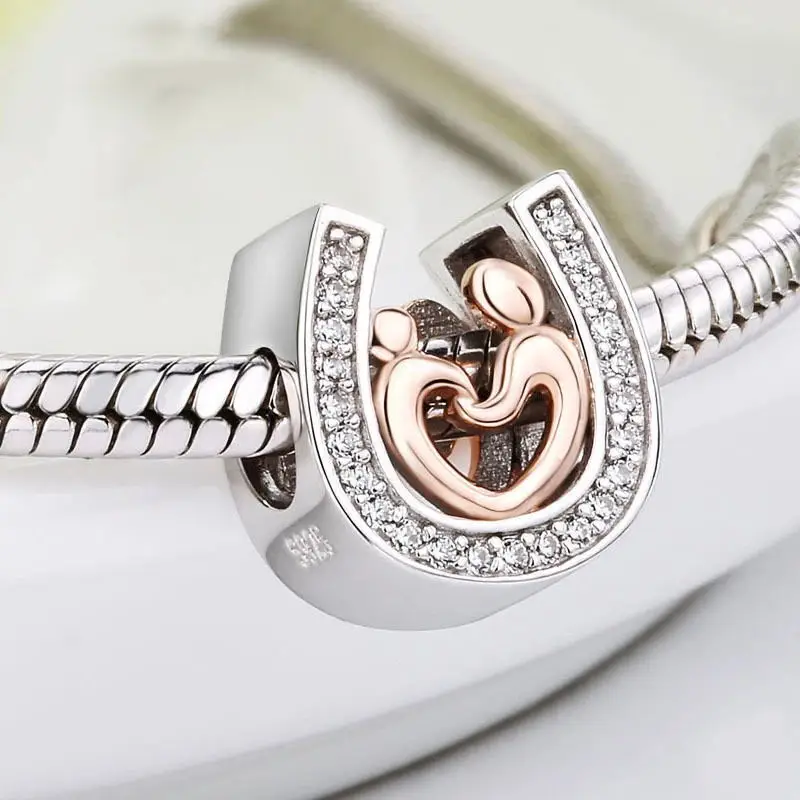 Sterling Silver 925 Horseshoe Supermom Beads Mom and Son Charms Fit Original European Bracelet for Diy Women Mother's Day Gift