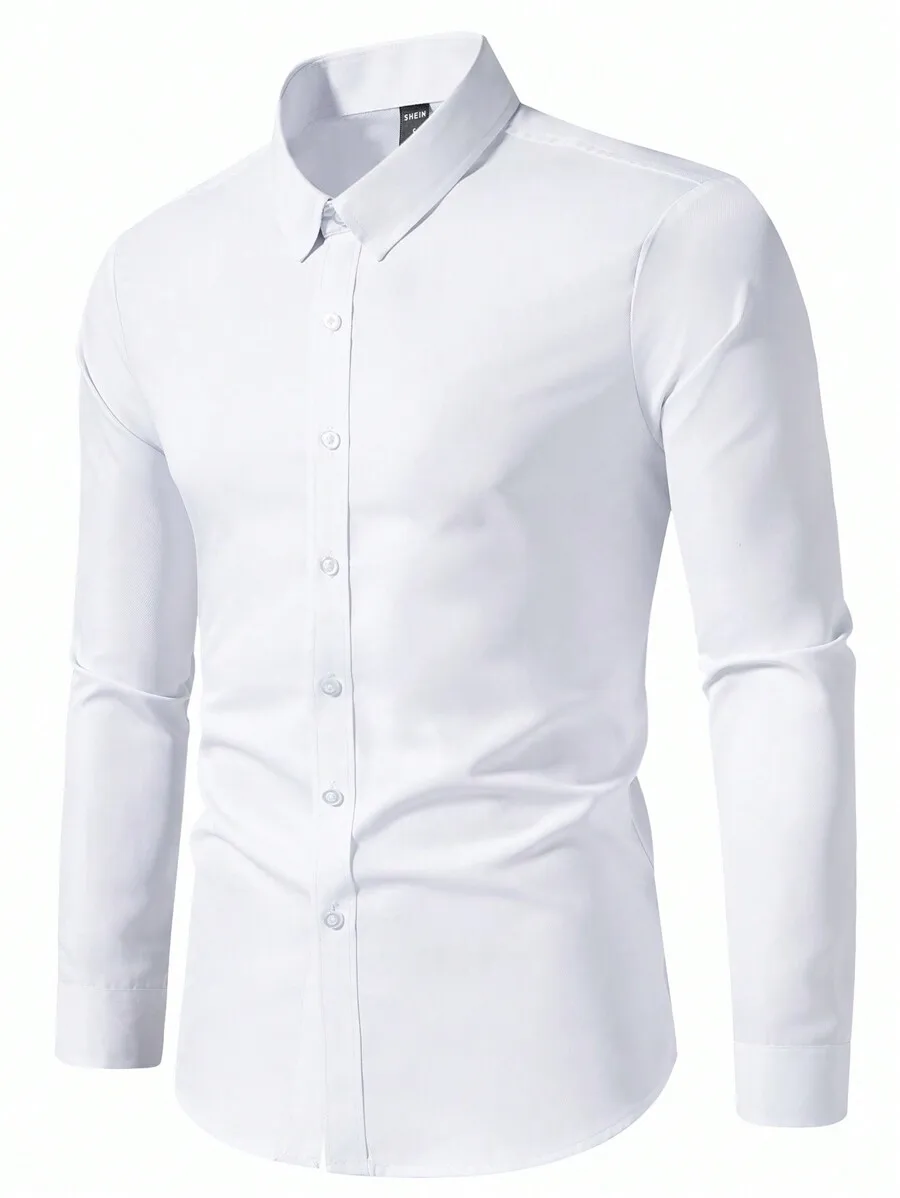 

Men's Solid White Long Sleeve Button-Down Shirt for Business Casual Wear