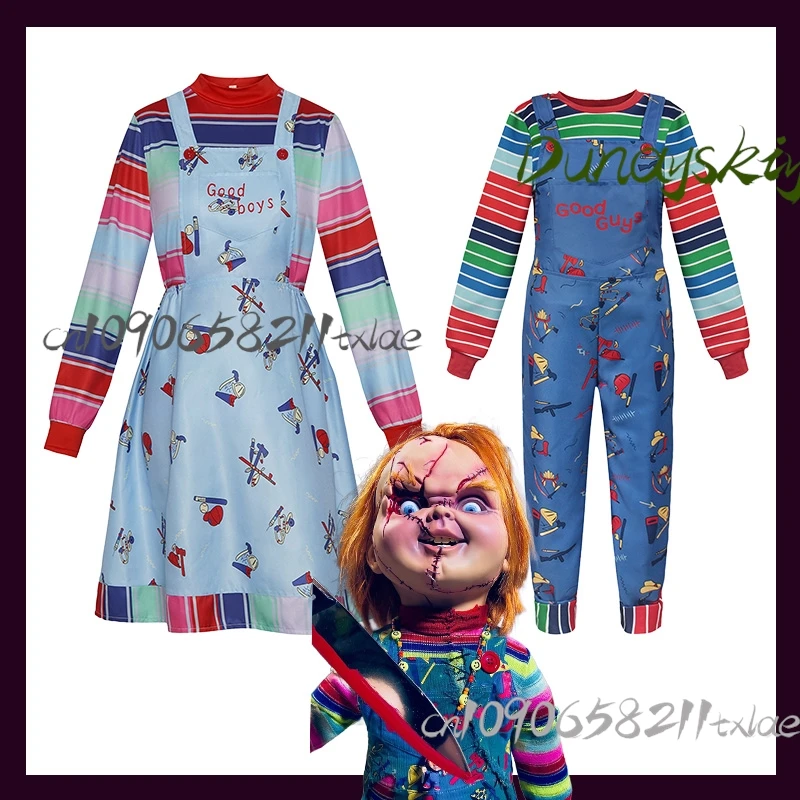 

Чакиyyy Косплей Костюм Тема Ужаса Хэллоуин Наряд Красочные Полосатые Подтяжки Good Guy Merch Платье с кровьими пятнами