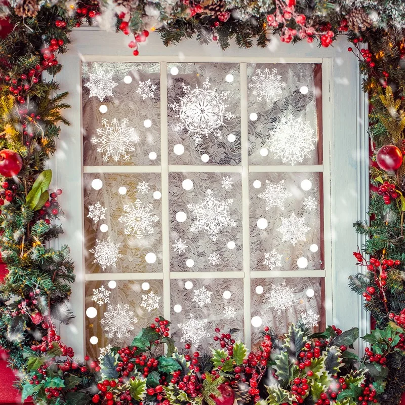 Christmas White Snowflake Background Glass Decals Double-sided Printed Static Window Clings for Clear Visibility on Shop Windows