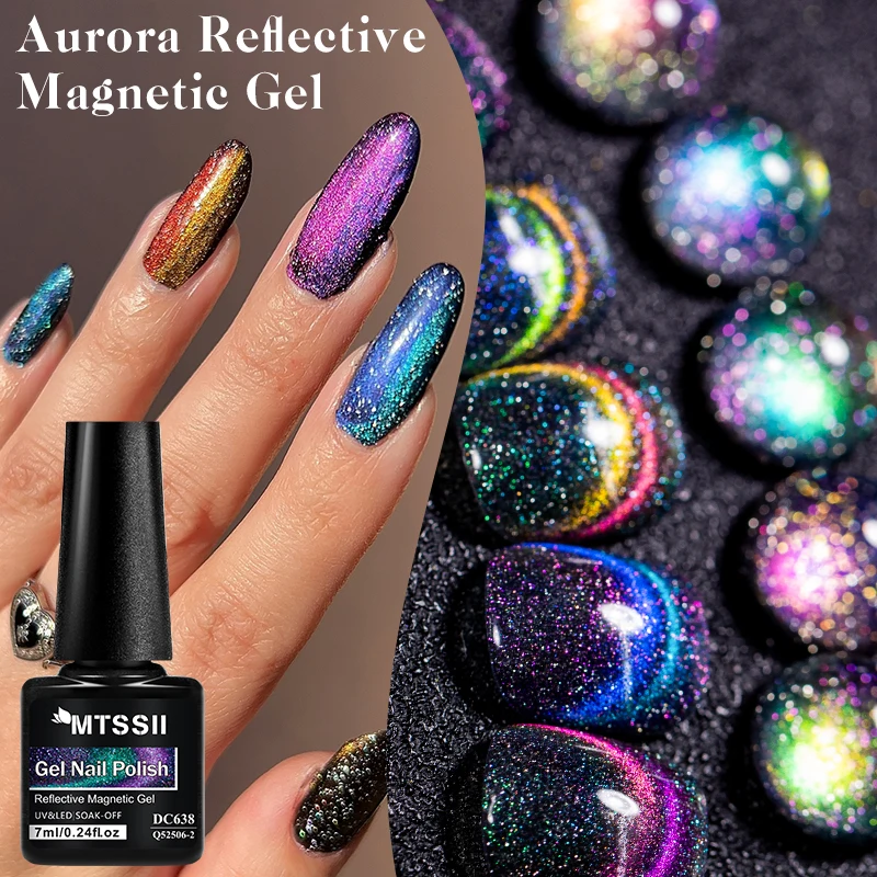 Mtssii 7ml auroras reflexivo gato gel magnético unha polonês espumante glitter arco-íris semi permanente arte do prego embeber fora led gel uv