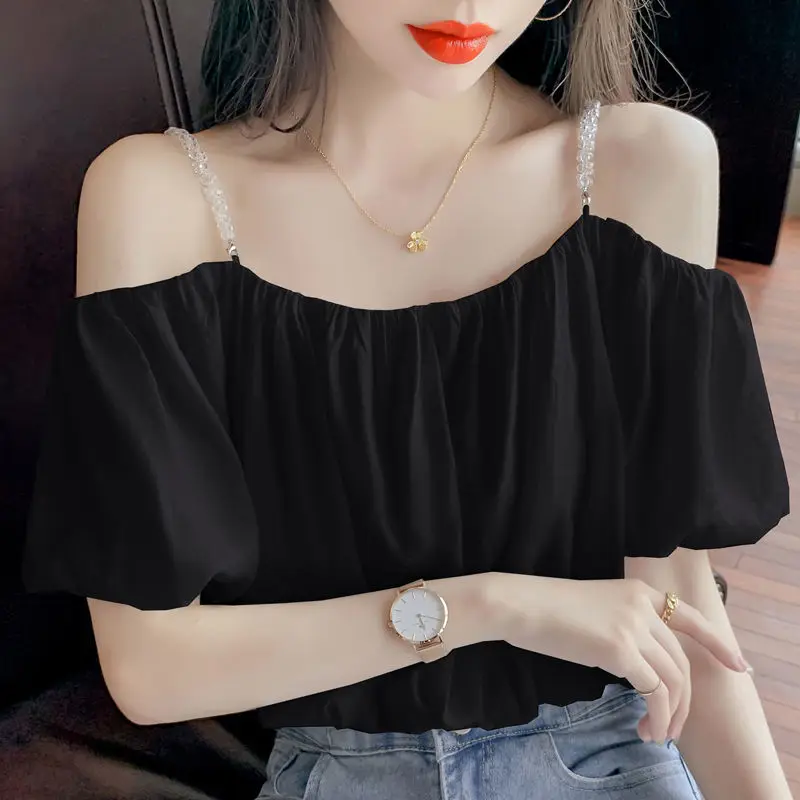 Women Summer Fashion Loose Casual Solid Color Chiffon Slash Neck Short Sleeve Camis Women Clothes Office Lady All-match Top Tee