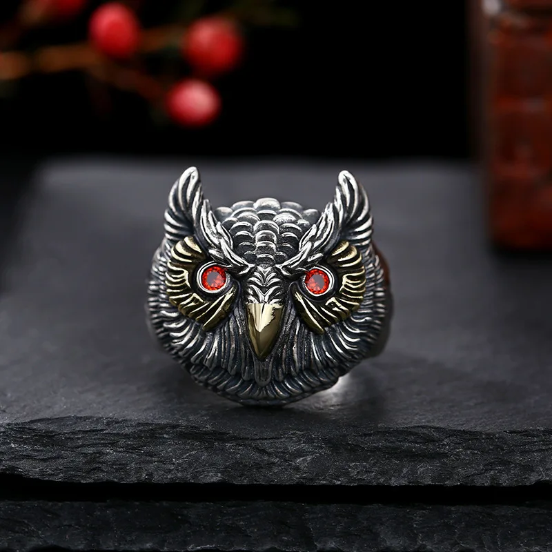 Wholesale 925 sterling silver men's owl men's open ring thai silver retro distressed personalized jewelry