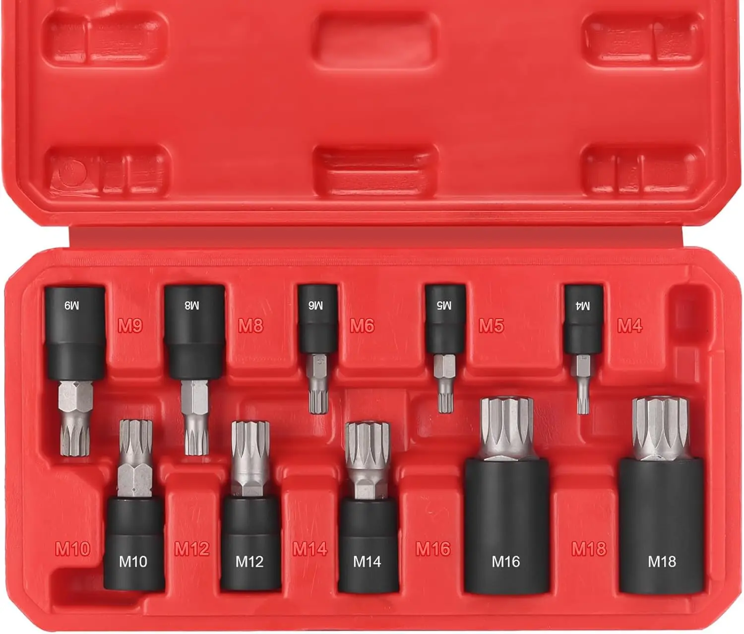

10-Piece XZN Triple Square Spline Bit Socket Set, 1/4", 3/8" and 1/2" Drive M4-M18, S2 Steel and CR-V with Storage Case