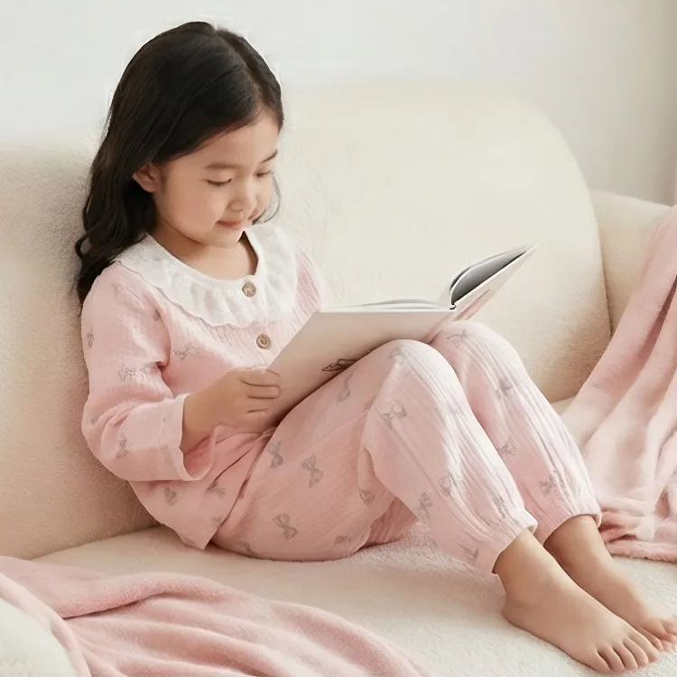 2026 Frühling Sommer Herbst Mädchen Mode Pyjama-Sets Elegante Spitze Weiche Bequeme Langarm Hauskleidung Set Kinder Schlafanzüge – Detail 8