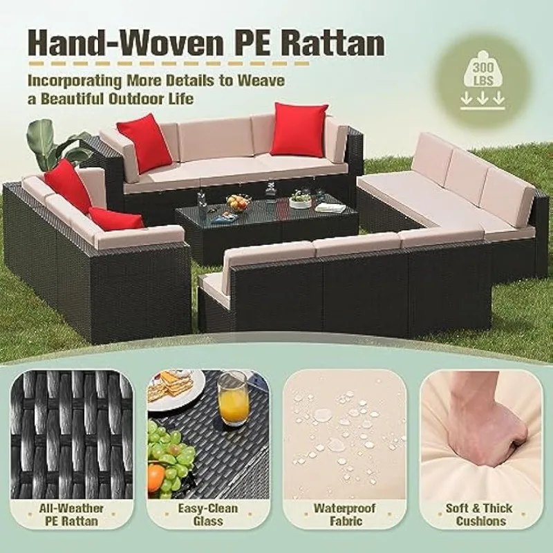 Set furnitur teras 14 buah Sofa bagian rotan PE luar ruangan dengan bantal tebal dan meja kopi kaca, krem