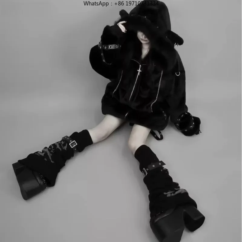 Women Gothic Lolita Bear Ears Hooded Plush  Harajuku Y2K Loose Winter Outwear