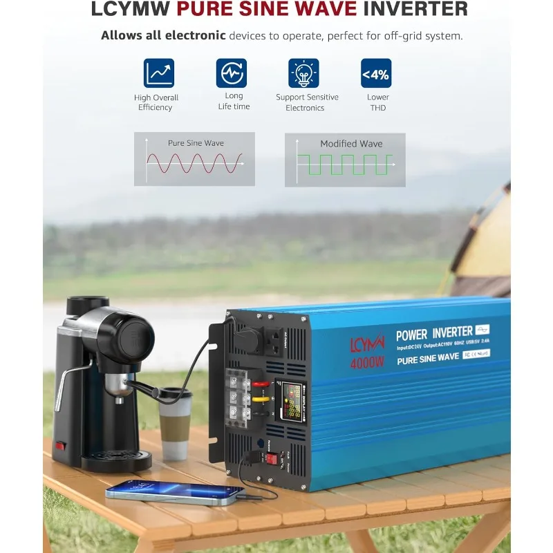 4000 Watt Pure Sine Wave Power Inverter DC 12V to 110/120V AC with 2 AC Charger Outlets and Wiring Terminal 8000W Peak Car