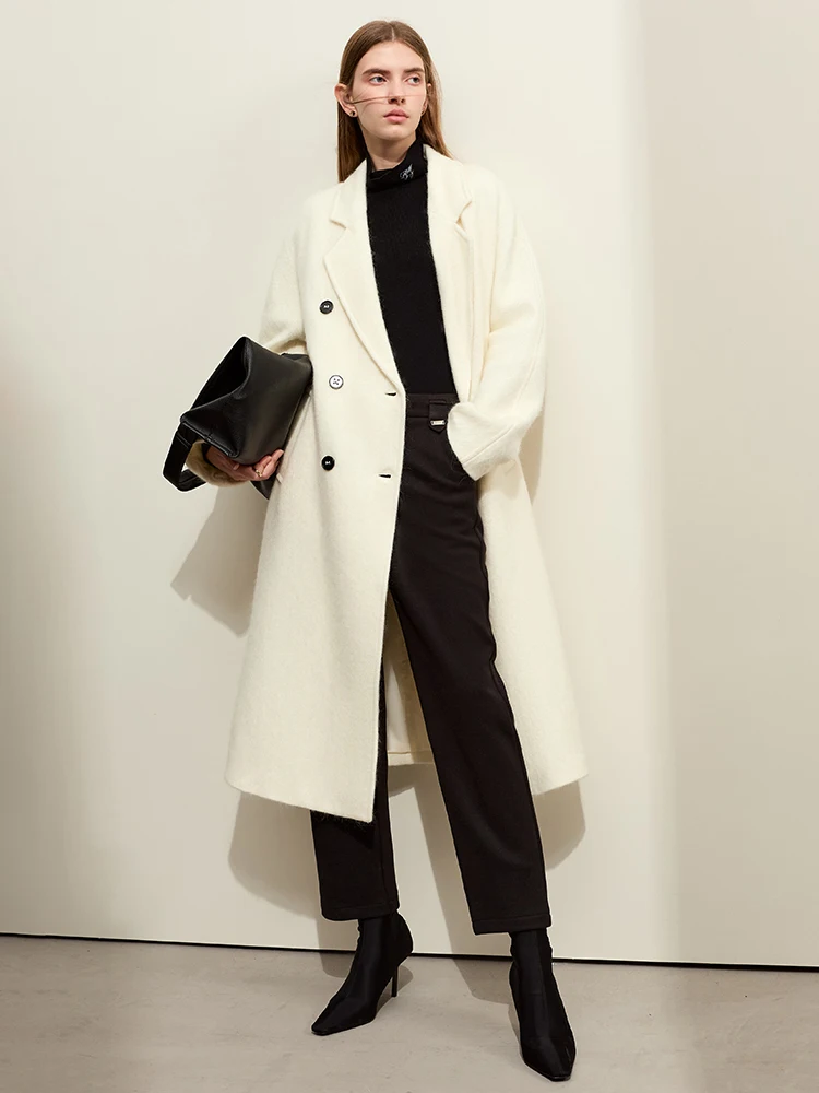 

AMII Women's Jacket Coat 2025 Winter New Turn-Down Collar Wool Mohair Double-breasted Woolen Coat Women Belt Long Coat 12344400