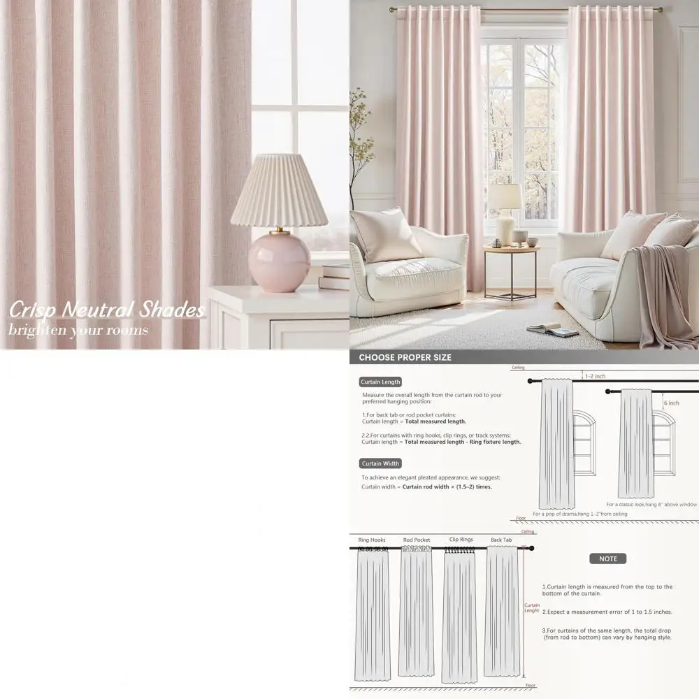 

90 Linen Blackout Curtains - 2-Panel Set for Bedroom & Living Room, Pink Thermal Insulated Light Blocking Drapes with Back Tabs