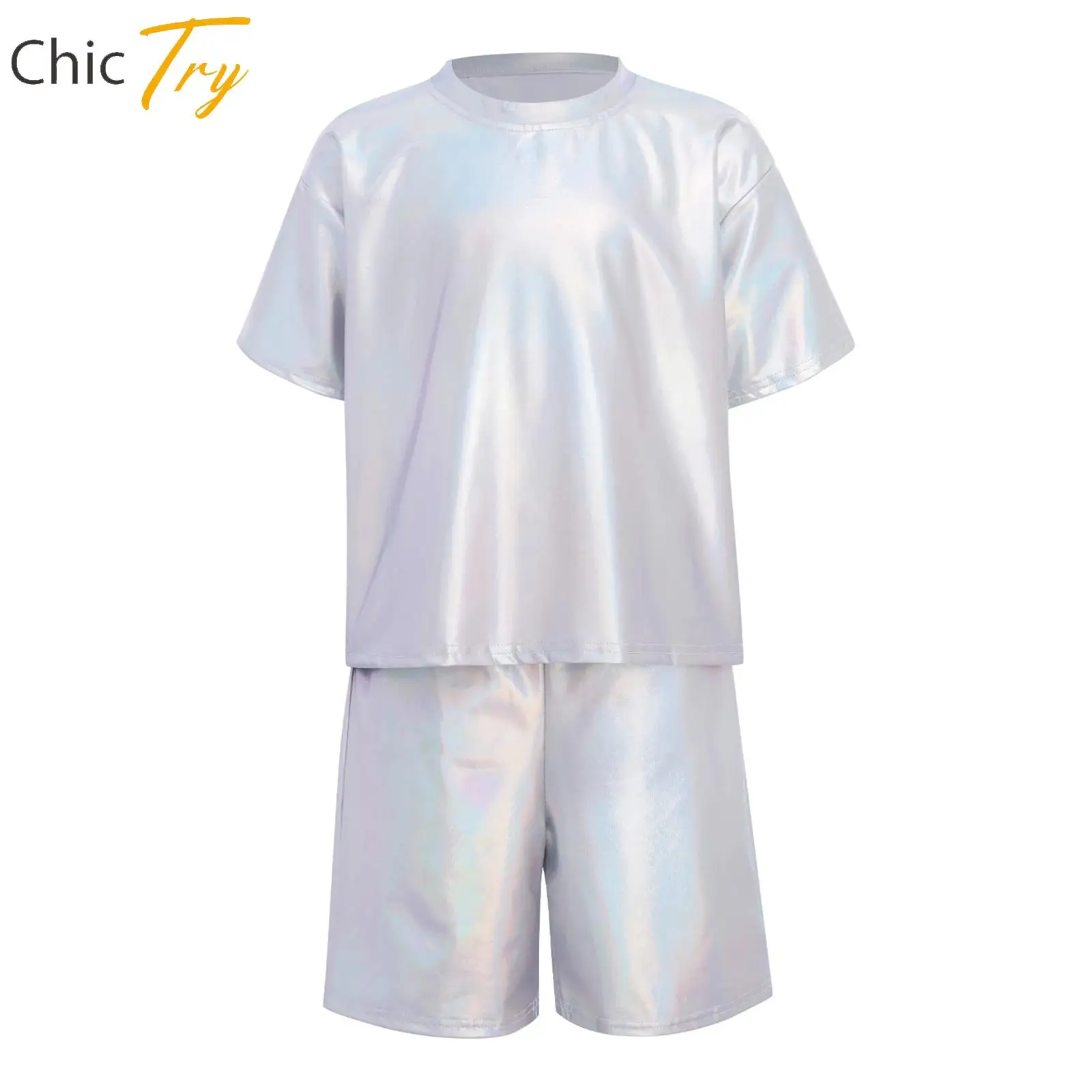 

Kids Boys Hip Hop Costume Jazz Dance Performance Set Street Wear Metallic Sets Short Sleeve T-shirt+Shorts Sets Kids Streetwear