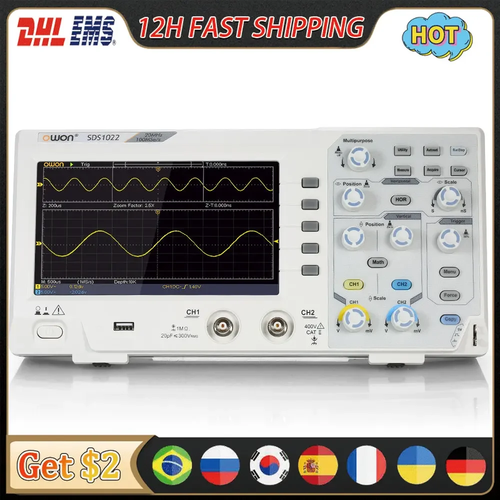 Owon SDS1022 2CH 100MS/s 1GS/s 20MHz Osciloscopio Digital Oscilloscope Oscillometer Digital Storage 7\